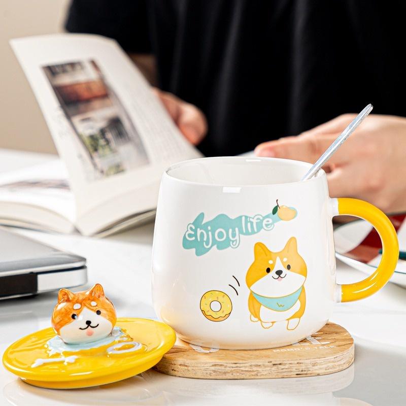 Cốc Gốm Sứ Vẽ Tay Chú Chó Corgi, Shiba Inu Cute Dễ Thương 400ml Có Nắp Và Thìa