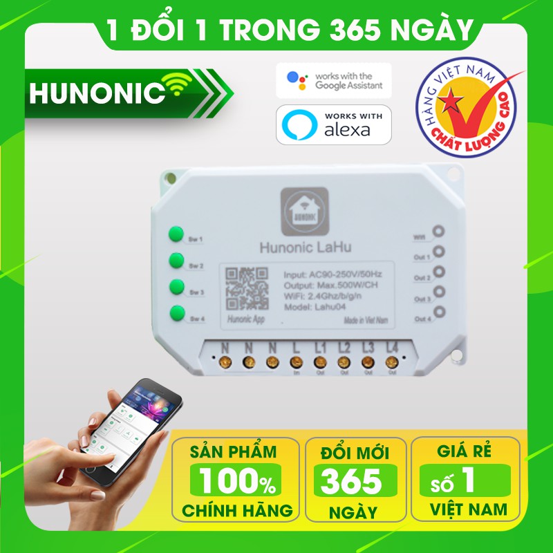 Công tắc thông minh Hunonic Lahu 4 kênh hỗ trợ Google Assistant . Công tắc cảm ứng WIFI kính cường lực- Công tắc điện 2 màu đen trắng | Hàng Việt Nam Chất Lượng Cao- BH 12 tháng