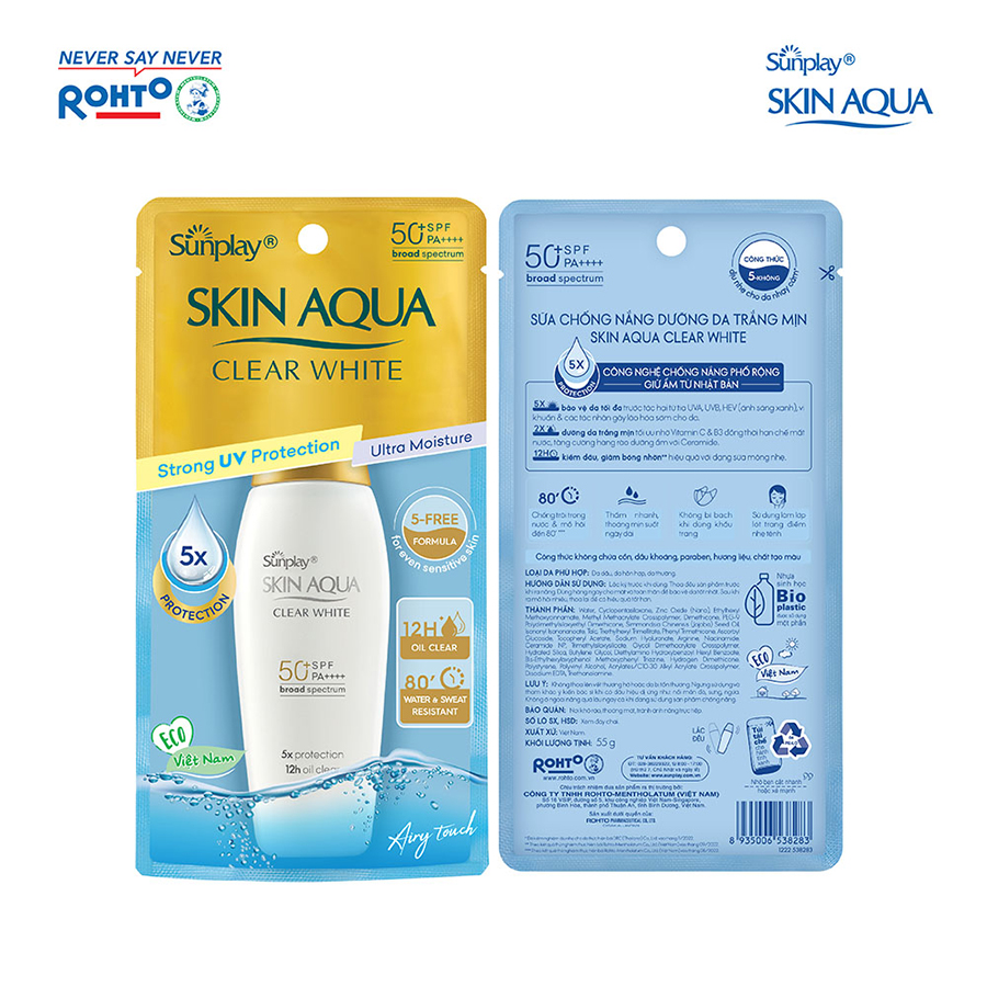 Kem chống nắng Skin Aqua dưỡng trắng, kiểm dầu, dùng hàng ngày dạng sữa Sunplay Skin Aqua Clear White Eco Việt Nam SPF50, PA++++ 55g
