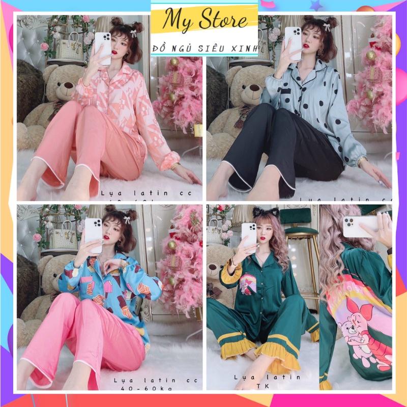 Đồ bộ nữ mặc nhà, đồ ngủ Pijama dễ thương lụa latin tay dài quần dài, Freesize dưới 60kg MYSTORE S24