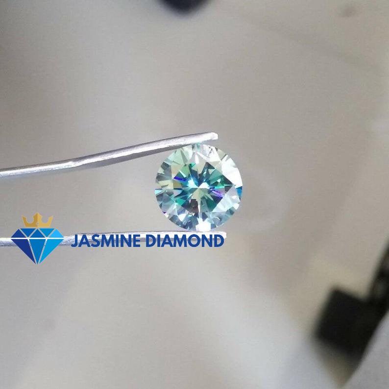 (Size từ 4-7.5 ly) Kim cương nhân tạo Mỹ Moissanite giác cắt tròn màu xanh ngọc