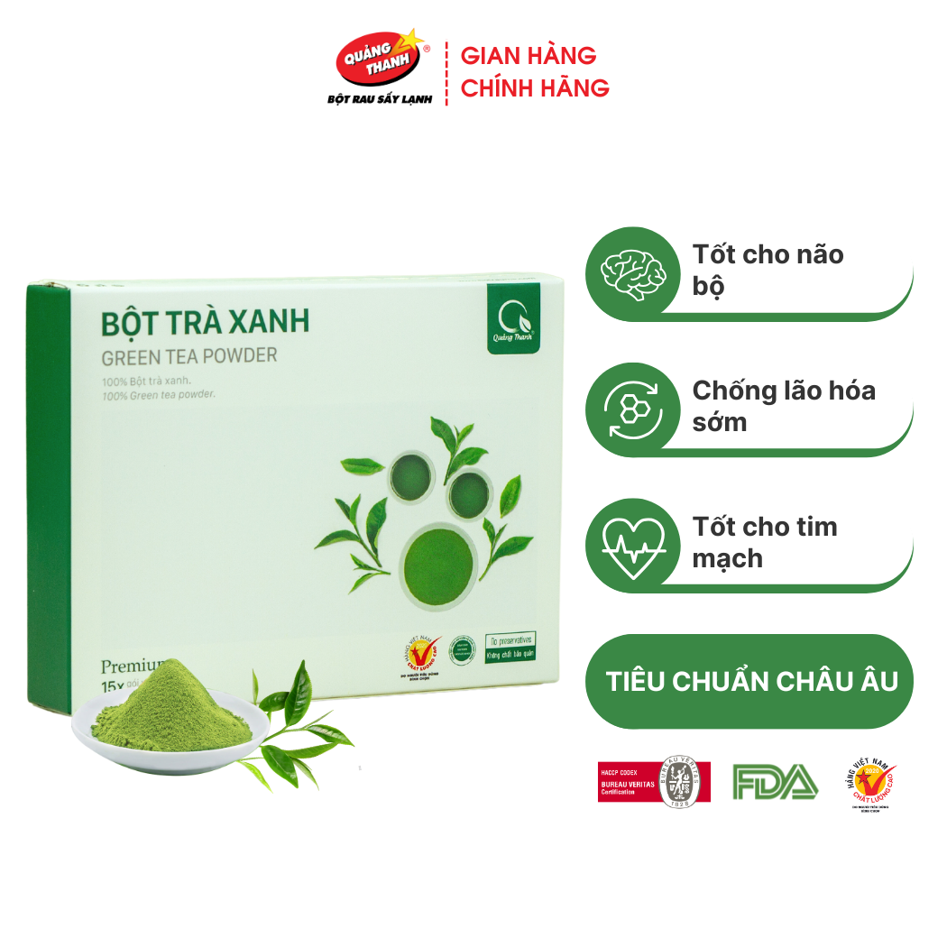 Bột Trà Xanh Sấy Lạnh Nguyên Chất Quảng Thanh Hộp 45g - Đắp mặt làm dịu da, kháng khuẩn, kháng viêm, giảm cân