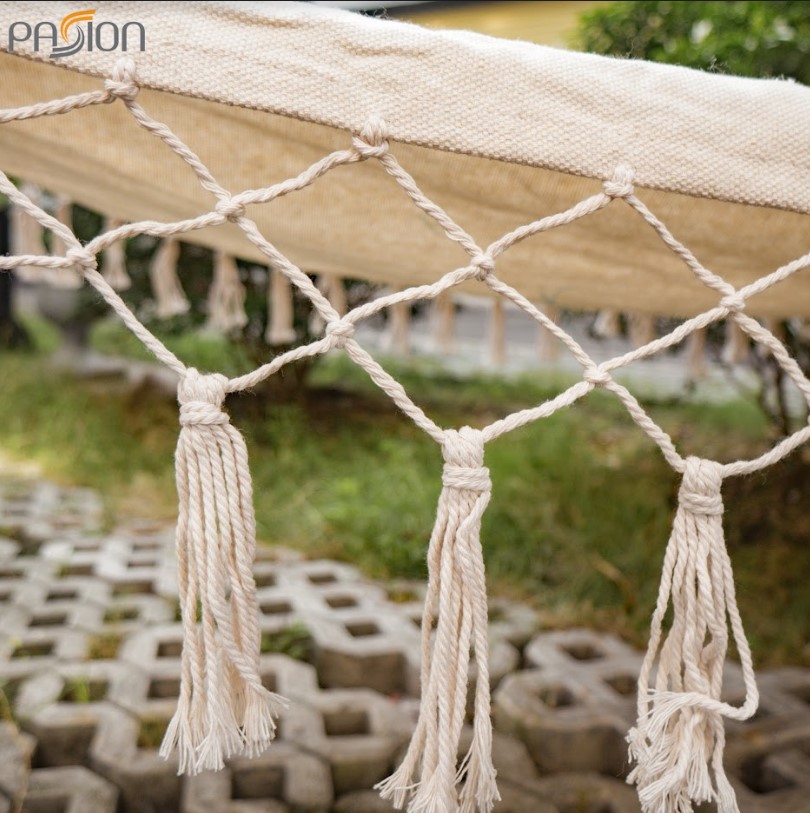 Võng Tua Rua Canvas Trắng Thanh Gỗ Định Vị 2 Đầu 100x200cm