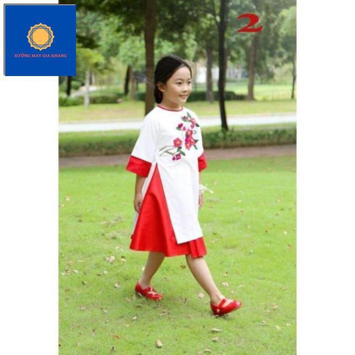 MS: 190142 - Áo dài thêu hoa kết hợp váy bé gái duyên dáng - Xưởng may Gia Khang