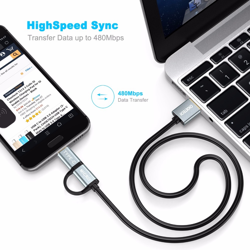 Dây cáp sạc nhanh 2 in 1 Type-C / Micro USB dài 120CM hiệu CHOETECH XAC0012 (sạc nhanh 3A, sạc nhiều thiết bị, chip sạc thông minh) - Hàng chính hãng