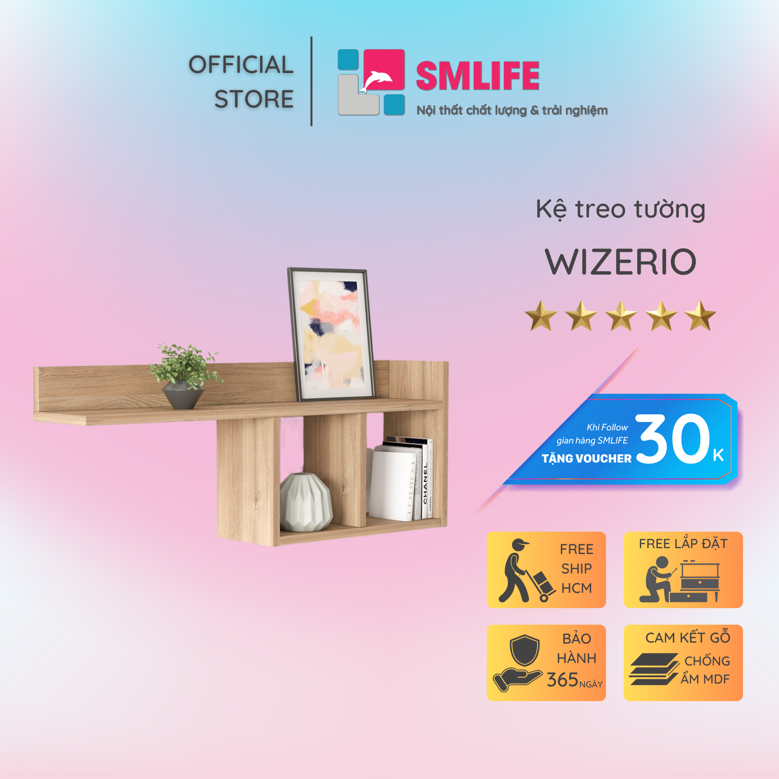 Kệ gỗ treo tường trang trí hiện đại SMLIFE Wizerio | Gỗ MDF dày 17mm chống ẩm | D90xR20xC35cm