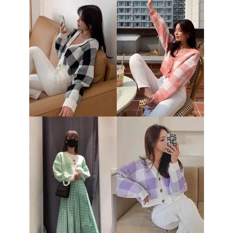 MS834 Áo khoác len kẻ caro viền trắng dáng vừa