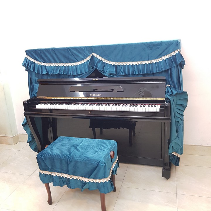 Bộ khăn phủ đàn Piano vải nhung xanh dày mịn phối bèo viền ren cao cấp