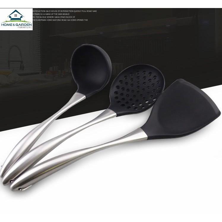 Bộ 3 dụng cụ nấu ăn silicone chịu nhiệt, cán inox 304