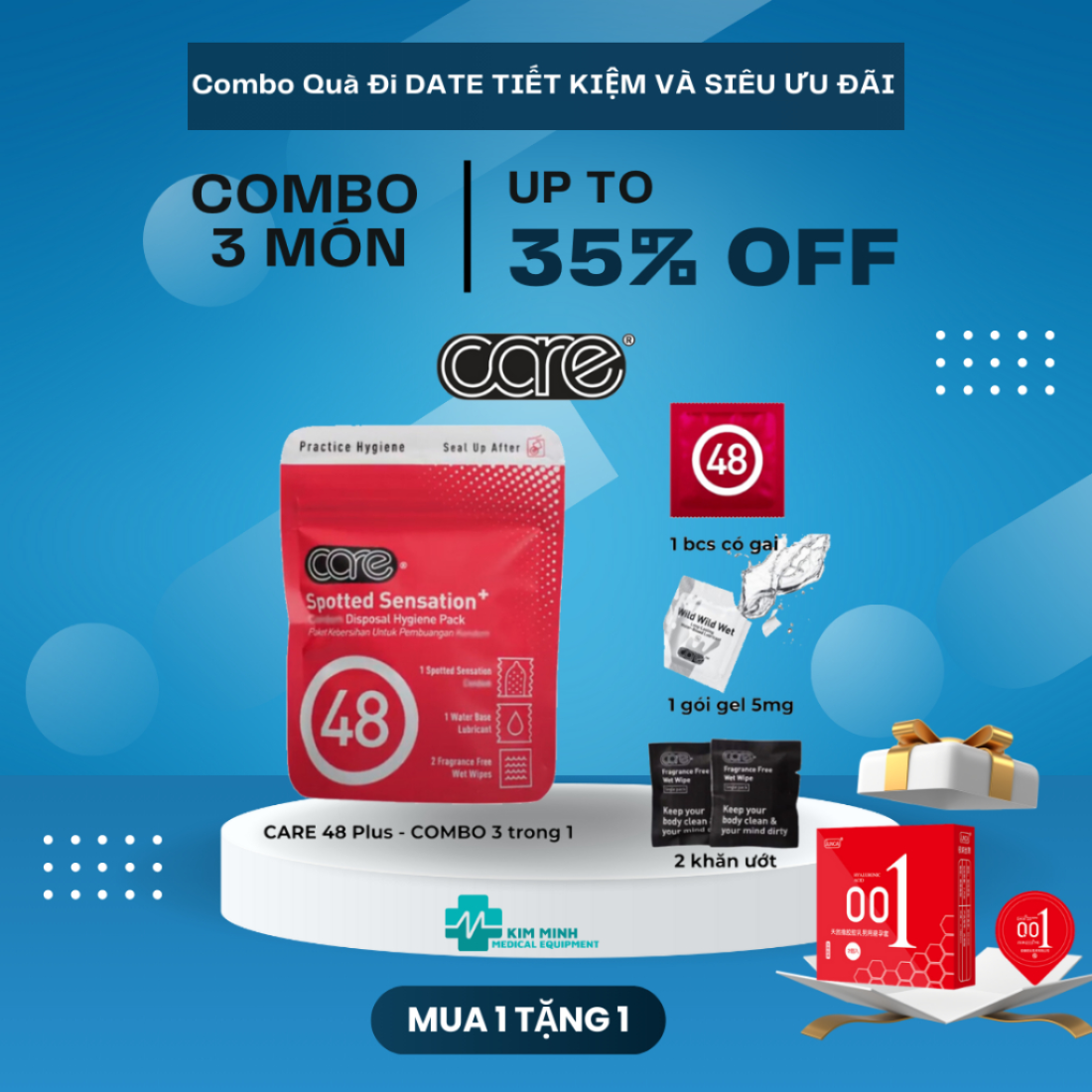 Combo Quà Đi Date Bao cao su có gai, gel bôi trơn và khăn ướt vệ sinh CARE 48+
