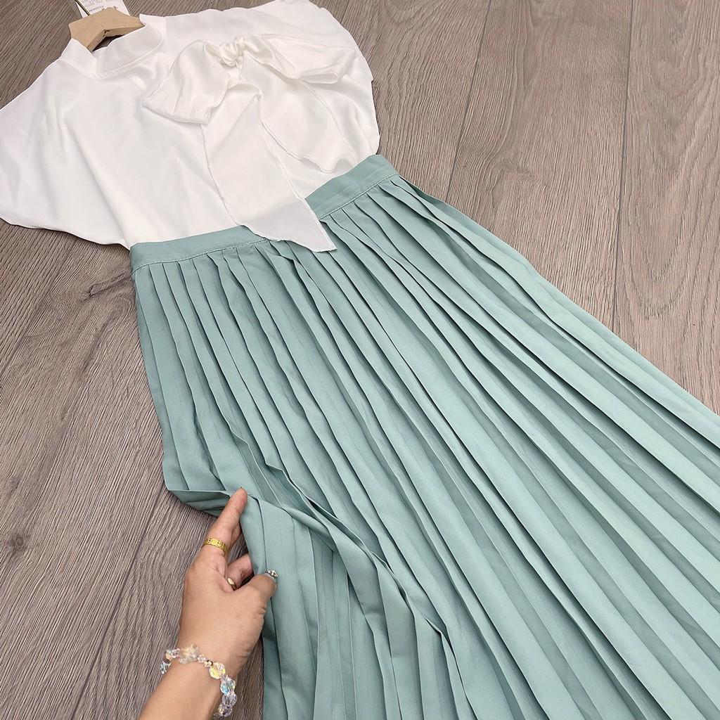 Sét áo nơ cổ lệch mix chân váy dập ly xanh sang chảnh