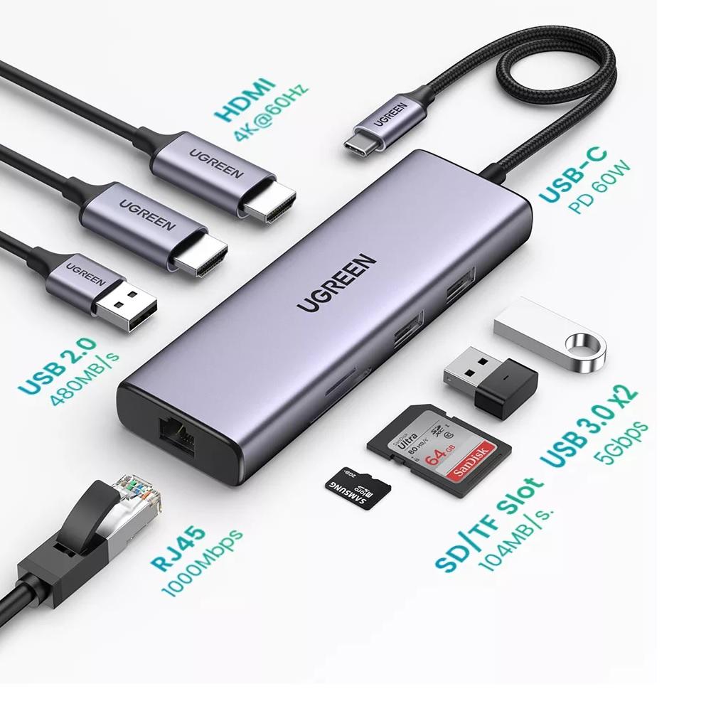 Bộ chuyển Type C sang 2×USB3.0+1×USB 2.0+2×HDMI +gigabits LAN+SD+TF  60Hz 60w PD 4K Ugreen 90119 CM490 Hàng chính hãng