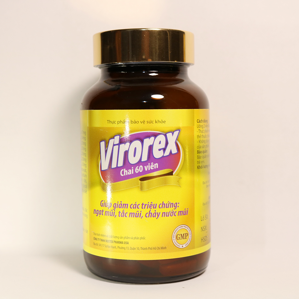 Viên uống VIROREX giảm viêm xoang, viêm mũi dị ứng, ngạt mũi, tắc mũi, chảy nước mũi - Hộp 60 viên thành phần Tân di hoa, Bạch chỉ, Thương nhĩ tử, Phòng phong, Bạc hà