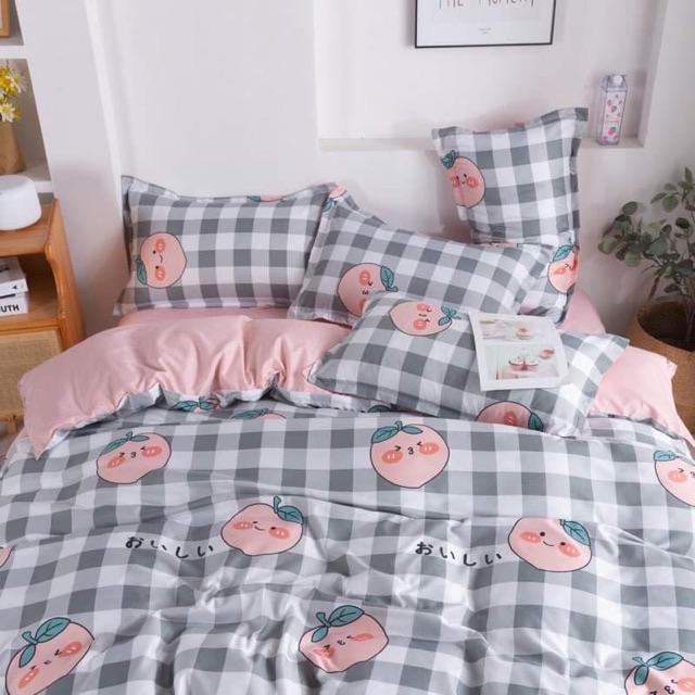 Set Chăn Ga Cotton Poly Đào Mà Hồng Ga Kẻ Caro Trắng Xám Cực Chất Shinbedding.shop