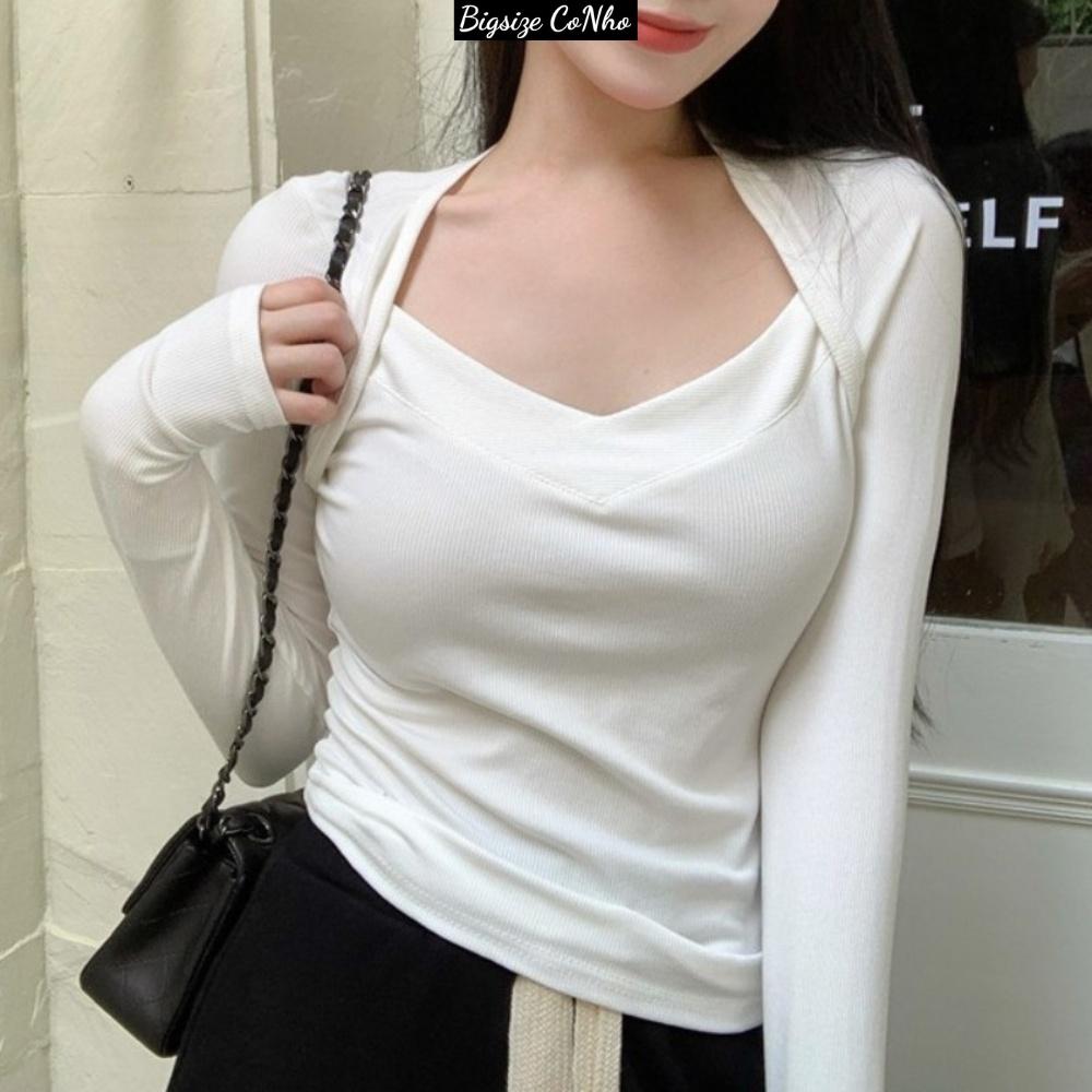 Áo thun tay dài bigsize kiểu cổ cách điệu đẹp chất vải thun gân tăm co giãn cho nàng Chuppy 58-95kg G103 - Trắng