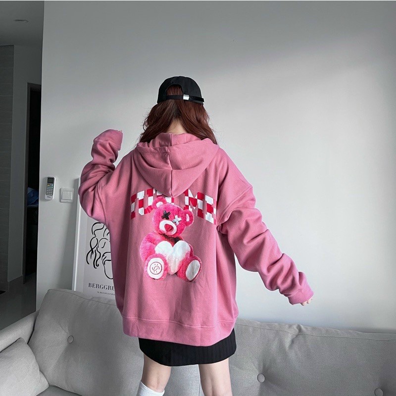 ÁO HOODIE - ÁO KHOÁC NỈ NGOẠI Dây full zip HOOIDE MỚI in GẤU HỒNG LOTSO mẫu 2