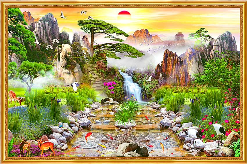 Phong Cảnh Sơn Thủy : Vải Canvas dán tường , có kèm keo dán , size trung và size nhỏ