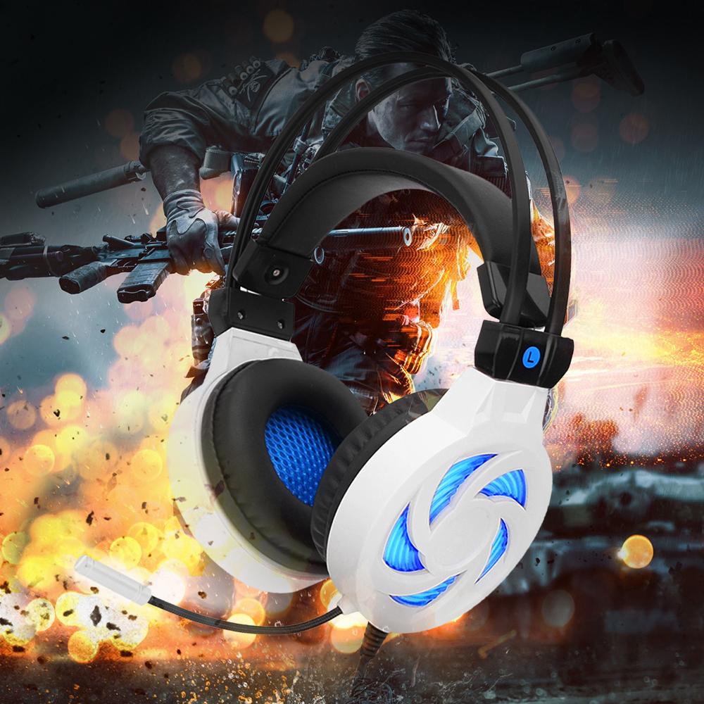 Tai nghe chơi game âm thanh nổi 3,5 mm Siêu trầm trên tai Tai nghe Đèn LED màu xanh lam có Mic cho Máy tính xách tay PC Màu trắng