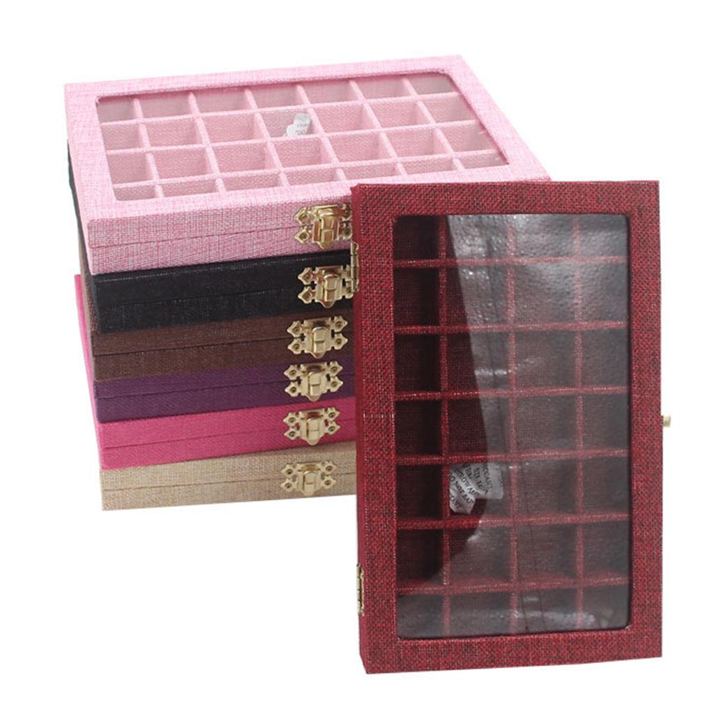 Sackcloth Linen Clear Lid Jewelry Tray Showcase Display Storage Box (28 Grids Sackcloth Jewelry Box)