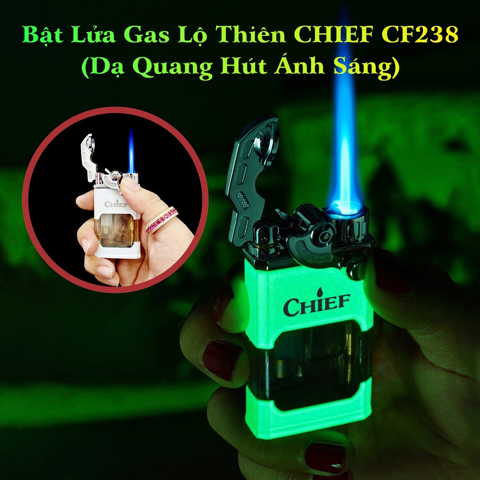 Hộp quẹt bật lửa khè gas lộ thiên Chief búng tay đánh lửa CF238 (dạ quang hút ánh sáng) - (xài gas)