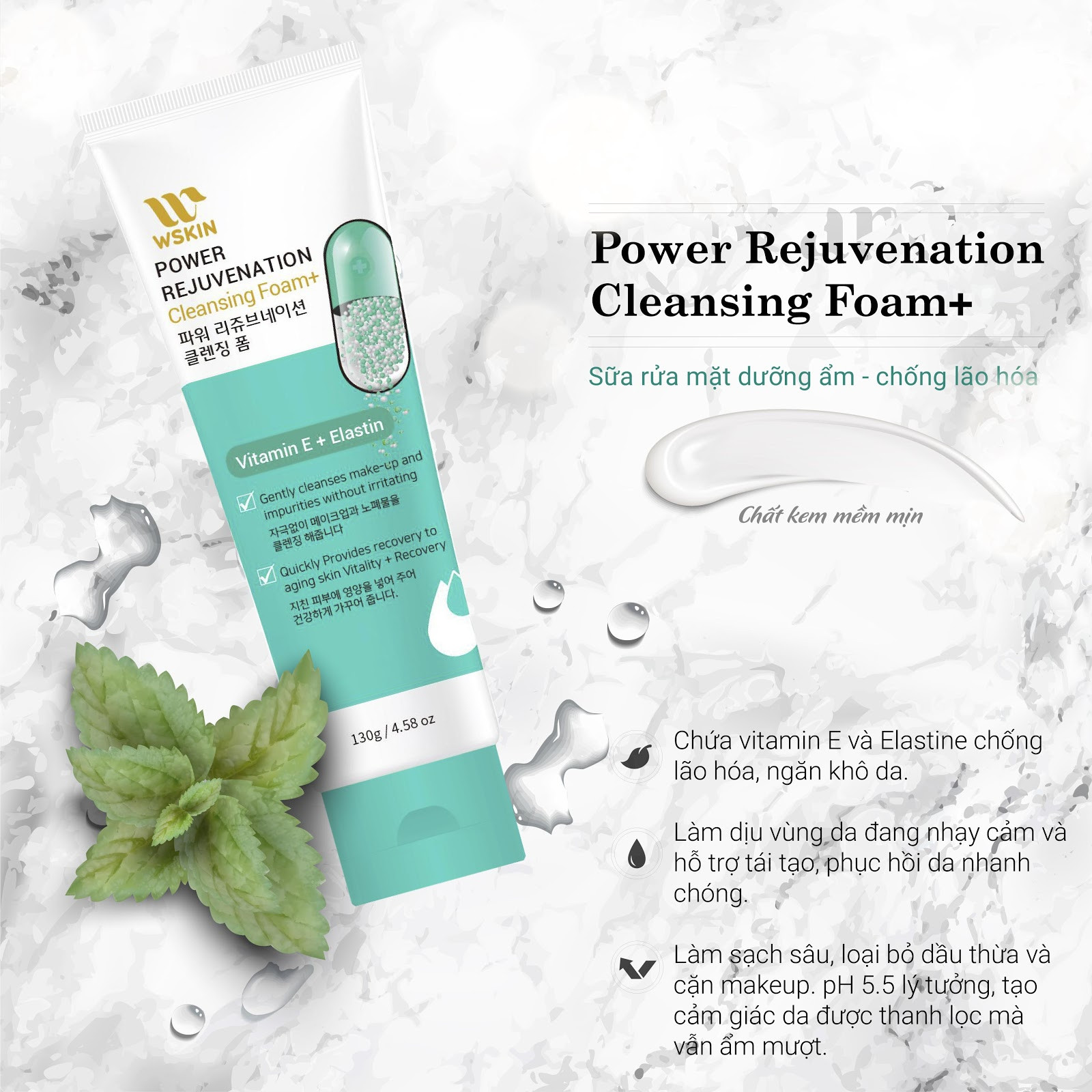 Sữa Rửa Mặt Trắng Da Chống Lão Hóa Wskin Power Rejuvenation Cleansing Foam Vitamin E + Elastin