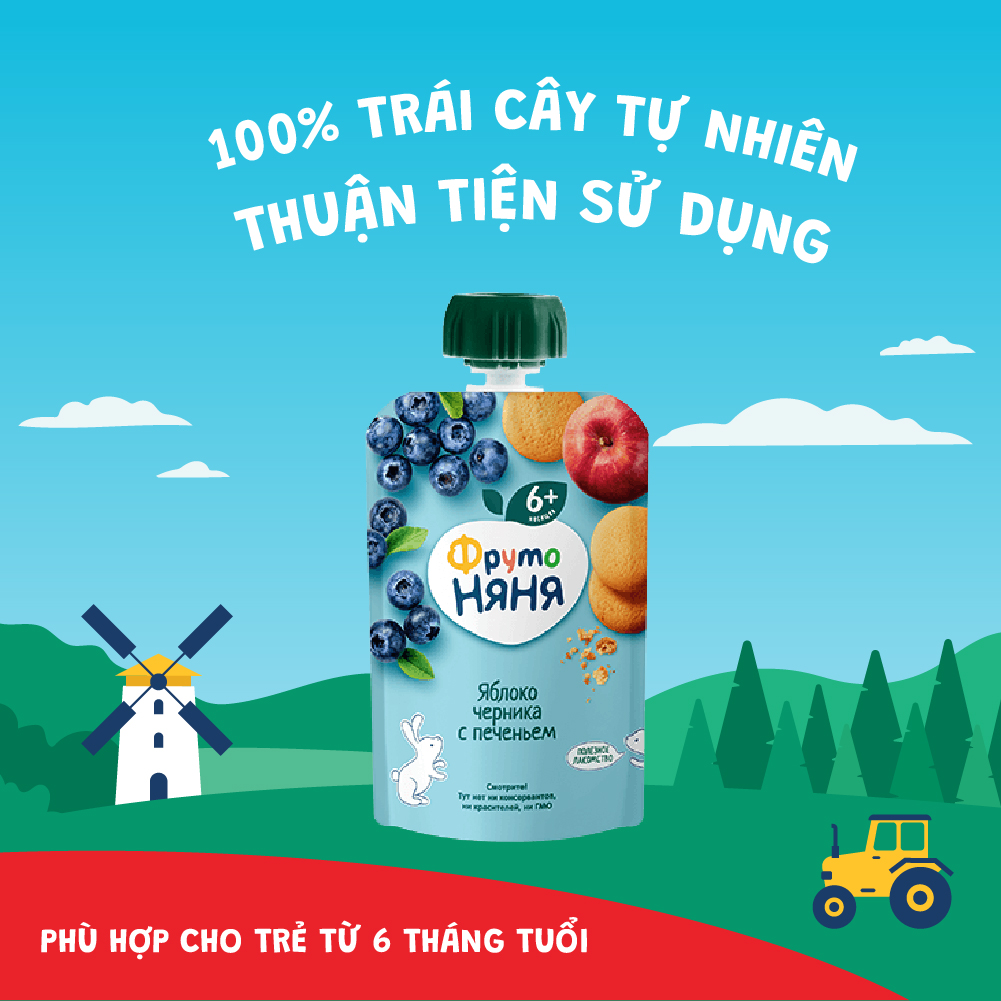 Thùng 12 Gói Trái cây nghiền vị táo, việt quất và bánh quy Fruto Nyanya 90g