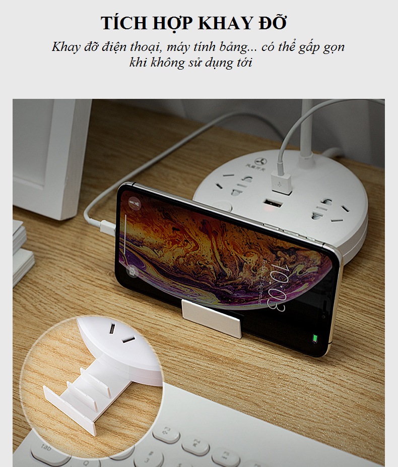 Ổ cắm trống sét đa năng ĐT-20 Tích hợp 3 ổ cắm điện + 2 cổng USB; có khay để điện thoại, máy tính bảng