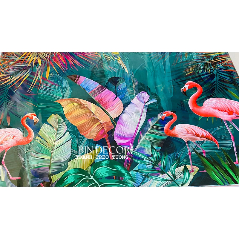 (ẢNH THẬT) Tranh dán tường 3d khu rừng lá nhiệt đới tropical và chim hồng hạc có sẵn keo, dễ dán