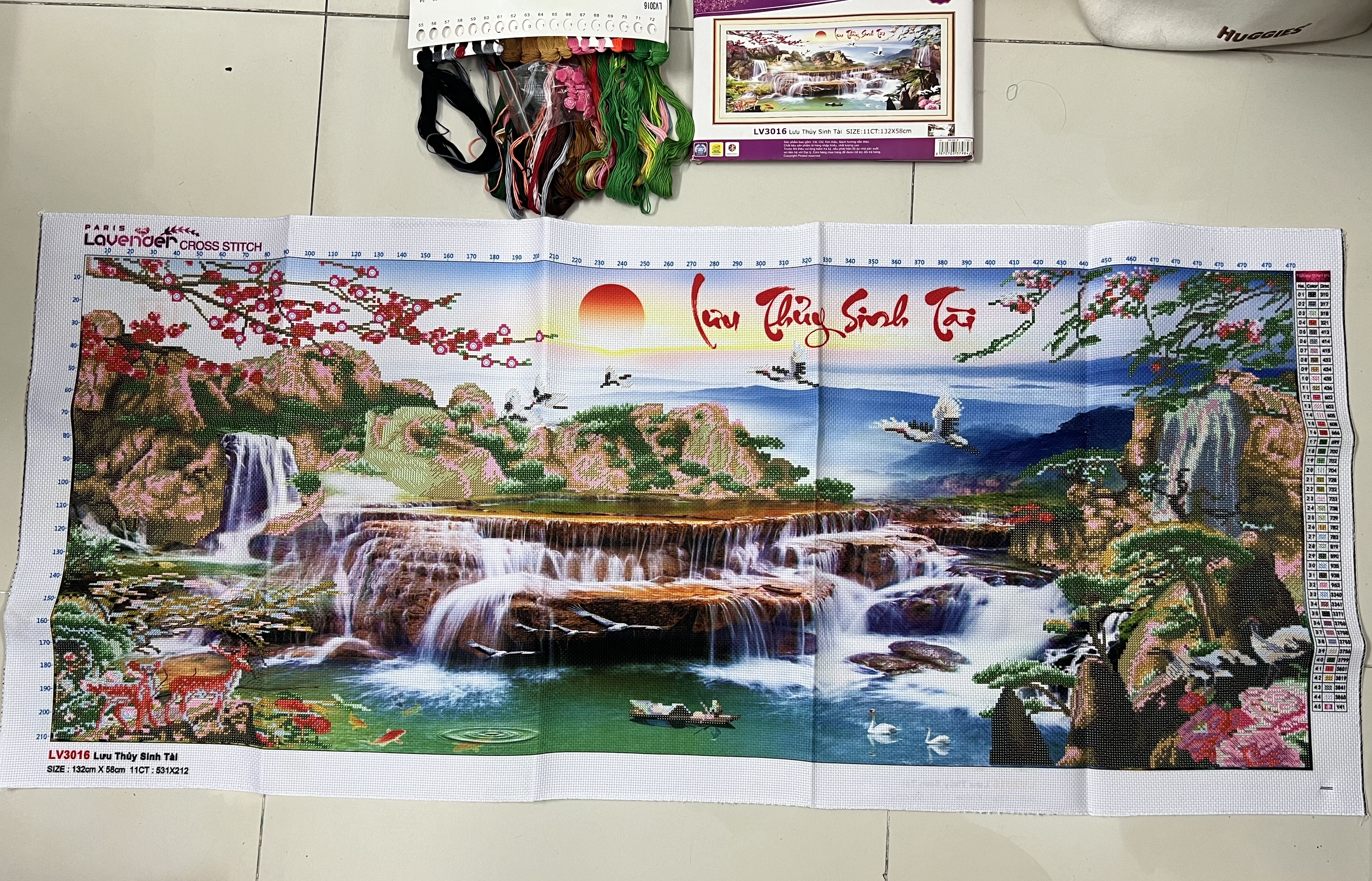 Tranh thêu chữ thập Lưu thủy sinh tài LV3016, tranh thêu 3D, kích thước 132 x 58 cm