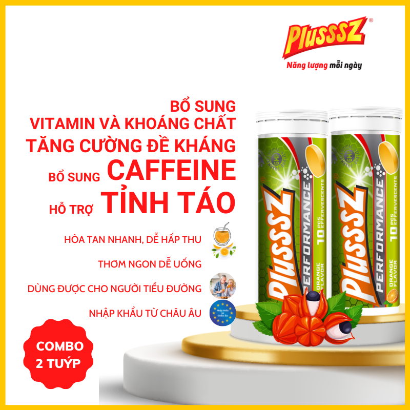 {COMBO 2 TUÝP} Viên sủi Plusssz Performance vị cam không đường cung cấp 13 vitamin và khoáng chất vượt trội, bổ sung cafein từ Guarana hỗ trợ tăng cường sức đề kháng