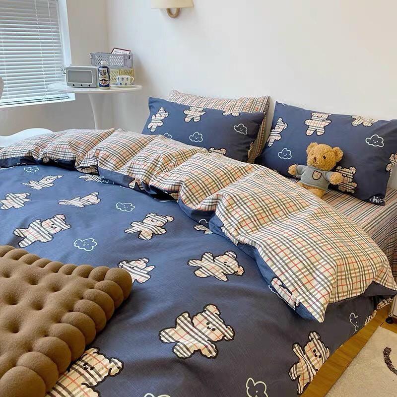 Bộ chăn ga Cotton Poly M2T bedding chăn ga Hàn Quốc gấu xanh bbr đủ size miễn phí bo chun