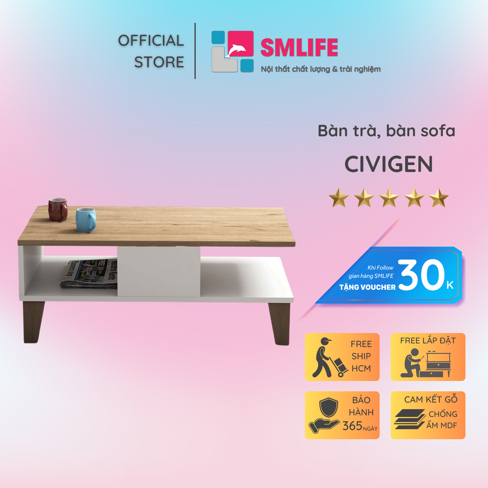 Bàn trà gỗ hiện đại SMLIFE Civigen | Gỗ MDF dày 17mm chống ẩm | D90xR54xC36cm