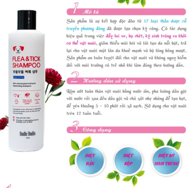 Sữa Tắm Trị Ve Cho Chó - Budle'Budle Flea &amp; Tick Shampoo Hàn Quốc - Dầu Gội Trị Ve Bọ Rận Cho Chó