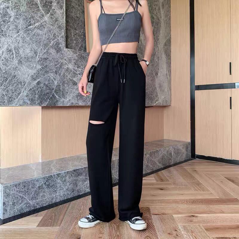 Quần Ống Rộng Rách Gối Màu Đen Lưng Thun Culottes Ulzzang Unisex - MM