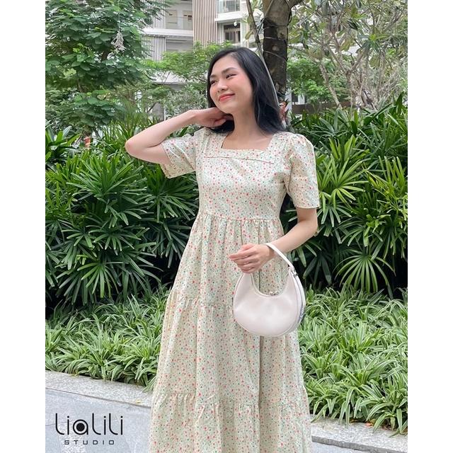 Đầm dài cô vuông hoa nhí- Thiết kế từ