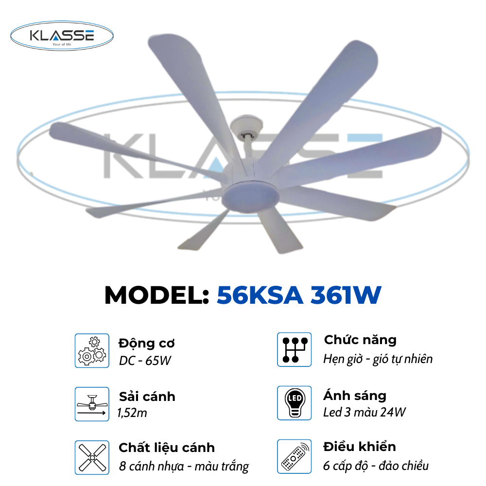 Quạt trần một đèn Klasse 56KSA 361W Hàng chính hãng