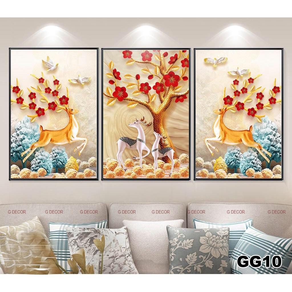 Tranh treo tường canvas 3 bức phong cách hiện đại Bắc Âu 215, tranh hươu trang trí phòng khách, phòng ngủ, phòng ăn, spa