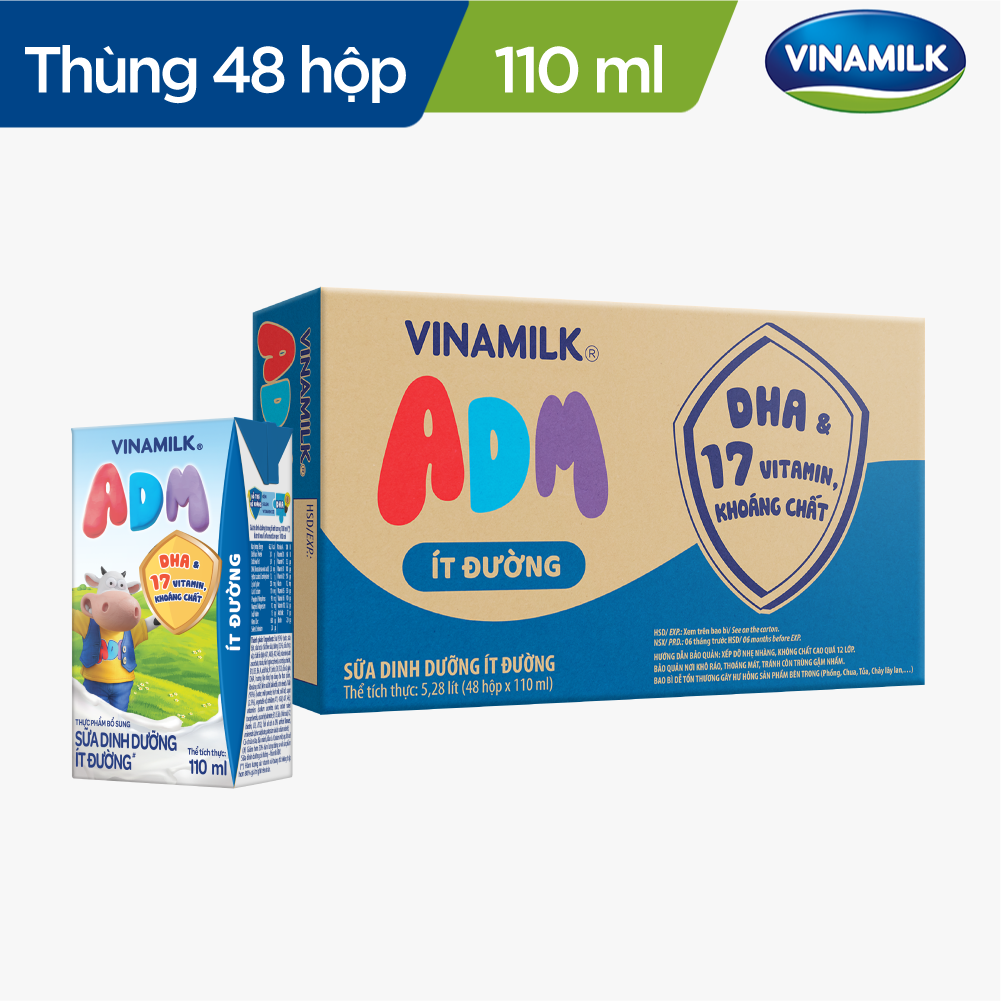 THÙNG 48 HỘP SỮA DINH DƯỠNG VINAMILK ADM ÍT ĐƯỜNG 110ML