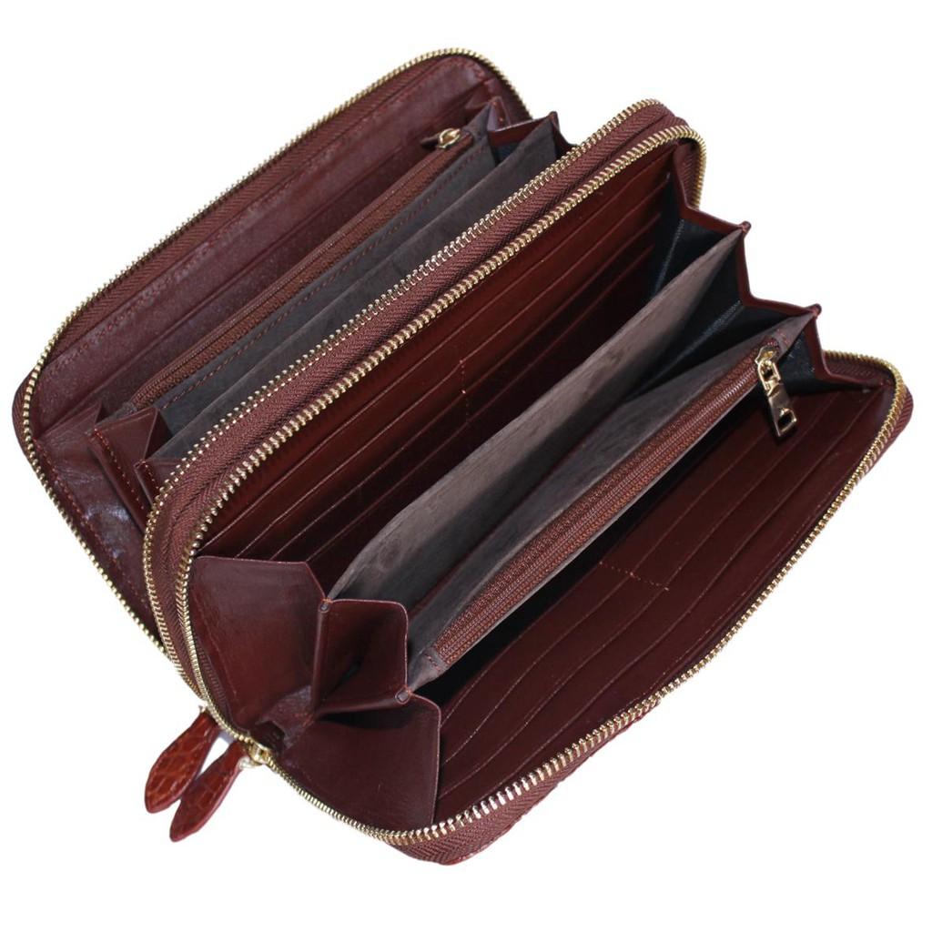 Ví nữ da cá sấu Huy Hoàng nhiều ngăn gai cầm tay màu nâu đỏ HT3739