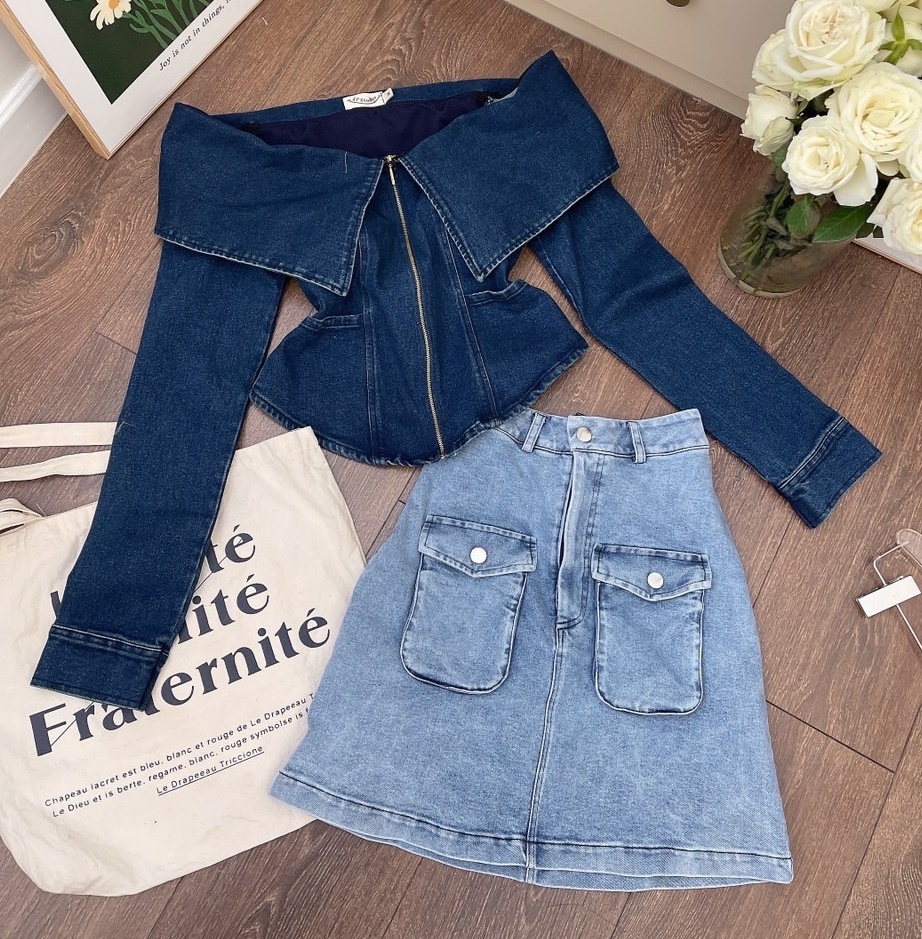 ĐẦM SET ÁO CROPTOP TRỄ VAI TAY DÀI + CHÂN VÁY NGẮN LƯNG CAO TÚI HỘP CHỮ A JEANS ĐI CHƠI NOEL ĐI TIỆC DẠO PHỐ GIÁNG SINH