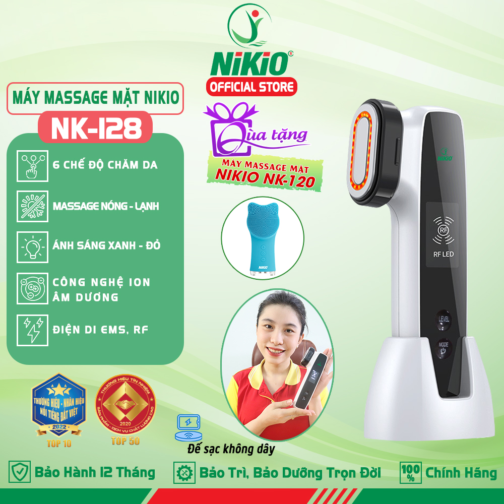 Máy Massage Mặt Và Nâng Cơ Mặt Nikio NK-128 - Công Nghệ Điện Di RF và EMS, Photon Xanh và Đỏ Chườm Nóng Và Lạnh - Hỗ Trợ Đẩy Tinh Chất, Giảm Nếp Nhăn, Tăng Sinh Collagen, Trẻ Hóa Da