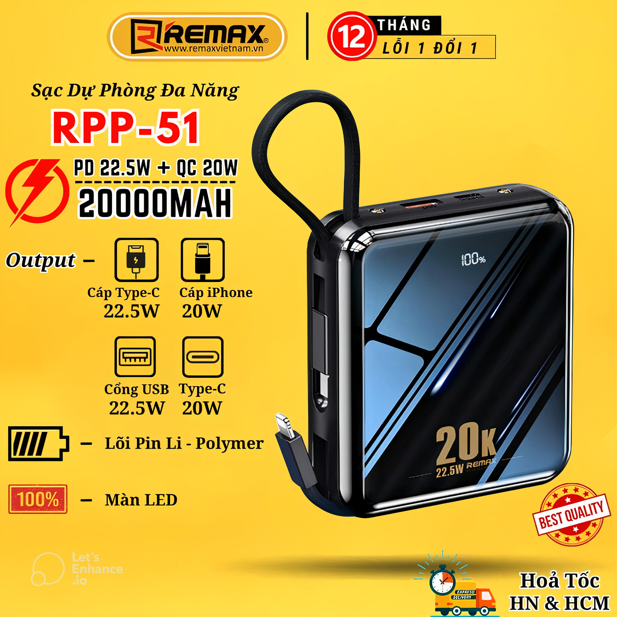 Pin Sạc Dự Phòng 20000mah chính hãng Remax SRPP-51- sạc nhanh 20w và tích hợp dây sạc - Hàng Chính Hãng Remax