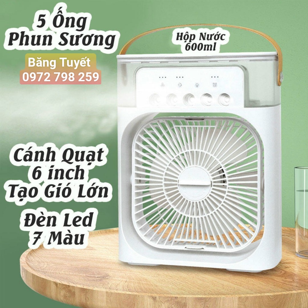 Quạt điều hoà hơi nước mini, Quạt hơi nước làm mát để bàn 3 chế độ gió dung tích bình chứa nước 600ml tích hợp đèn led