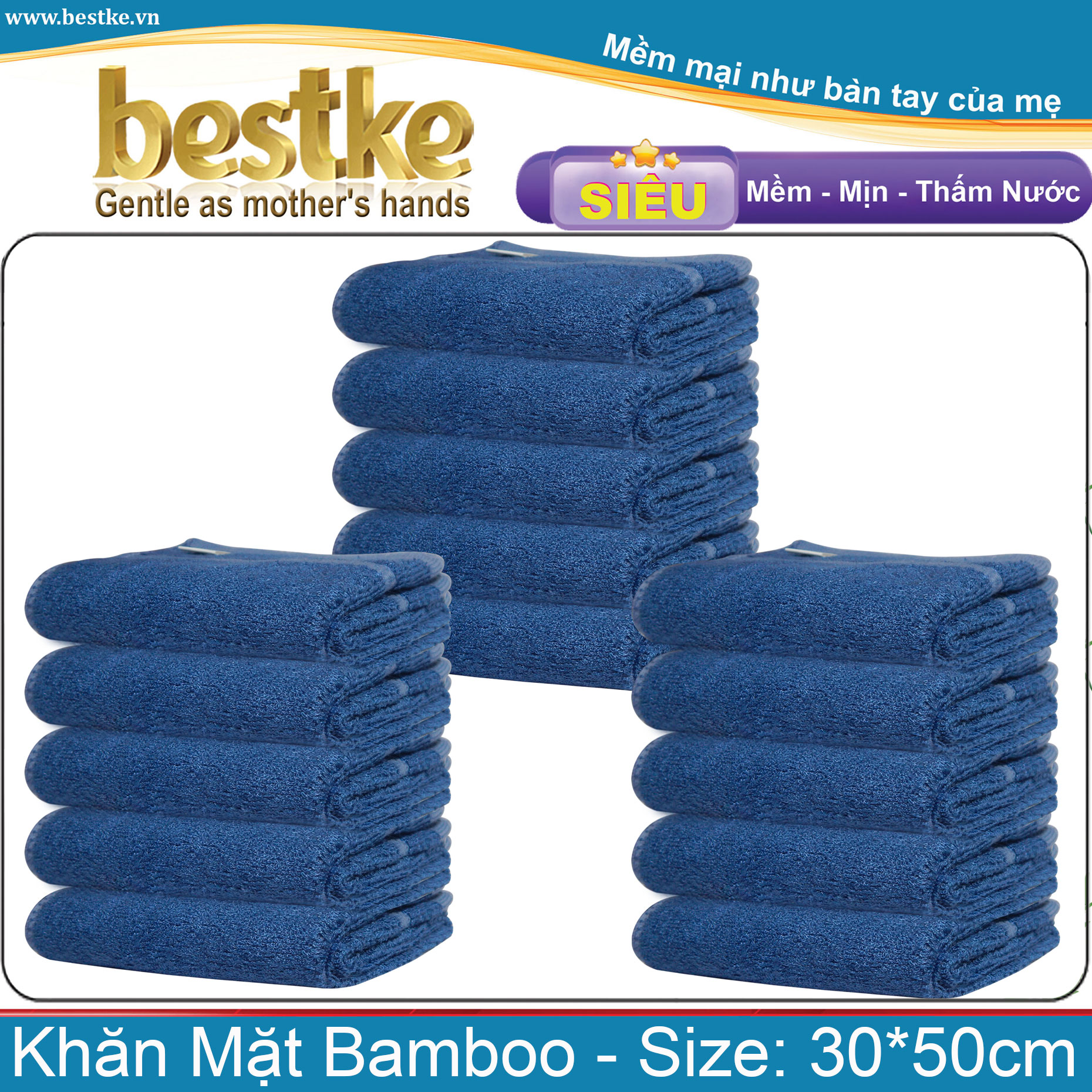 Combo 15 Khăn Mặt Sợi Tre bestke, dark blue size 30*50cm = 70g/cái, Bamboo Towels, siêu mềm mịn thấm hút và không phai màu
