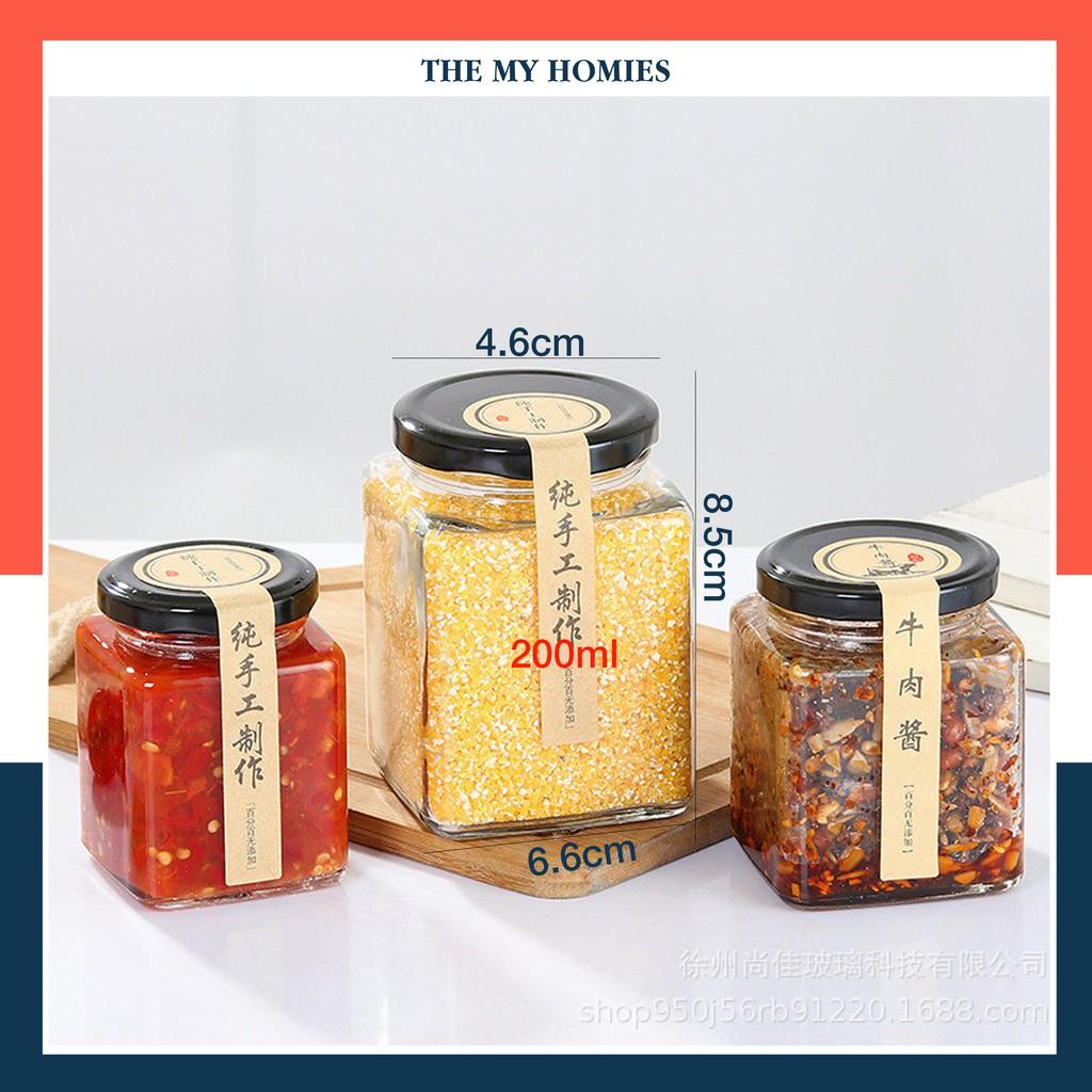 HŨ THỦY TINH VUÔNG 100ml-200ml-500ml Hũ thủy tinh vuông nắp thiếc đen đựng đồ khô , gia vị