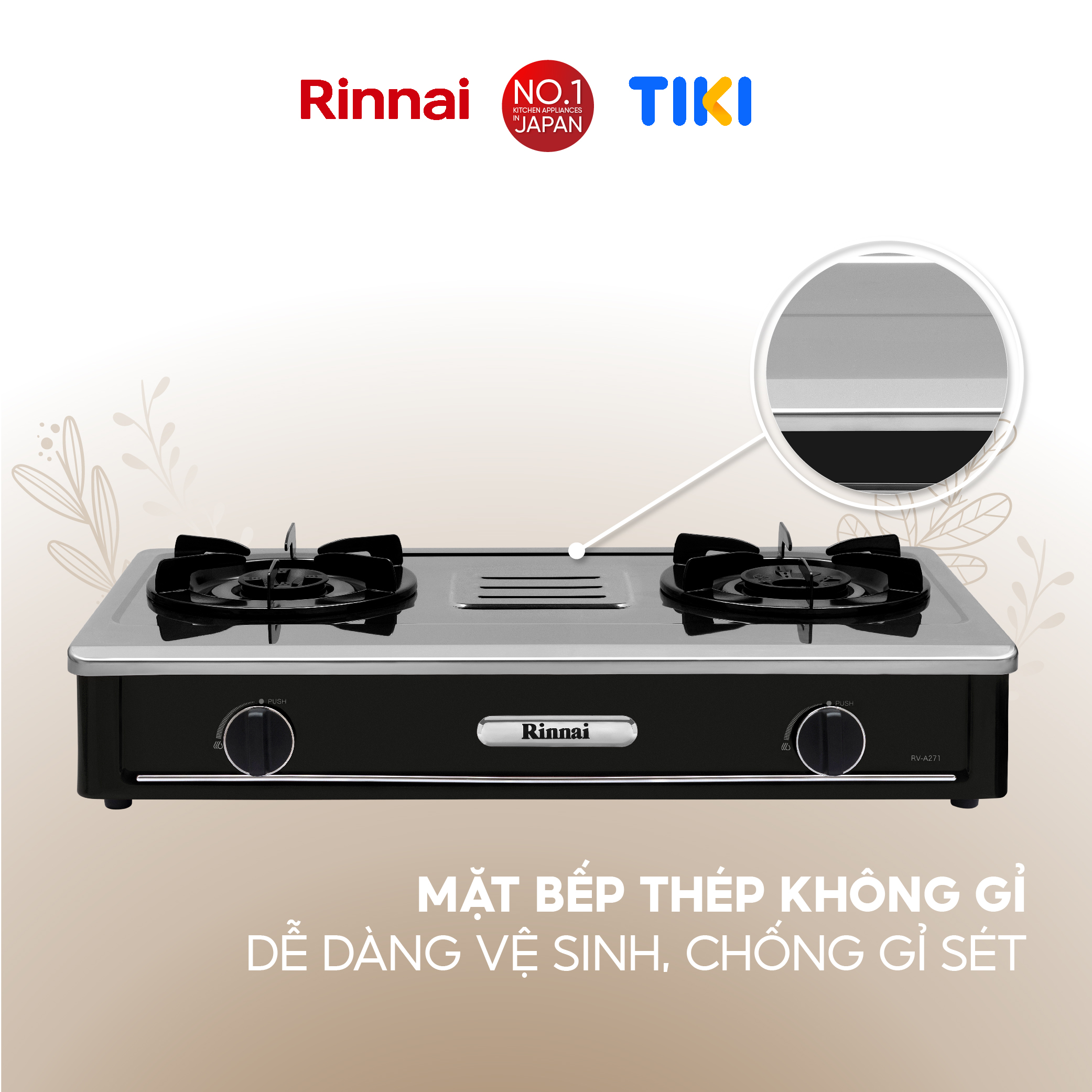 Bếp gas dương Rinnai RV-A271B(S) mặt bếp inox và kiềng bếp men - Hàng chính hãng.