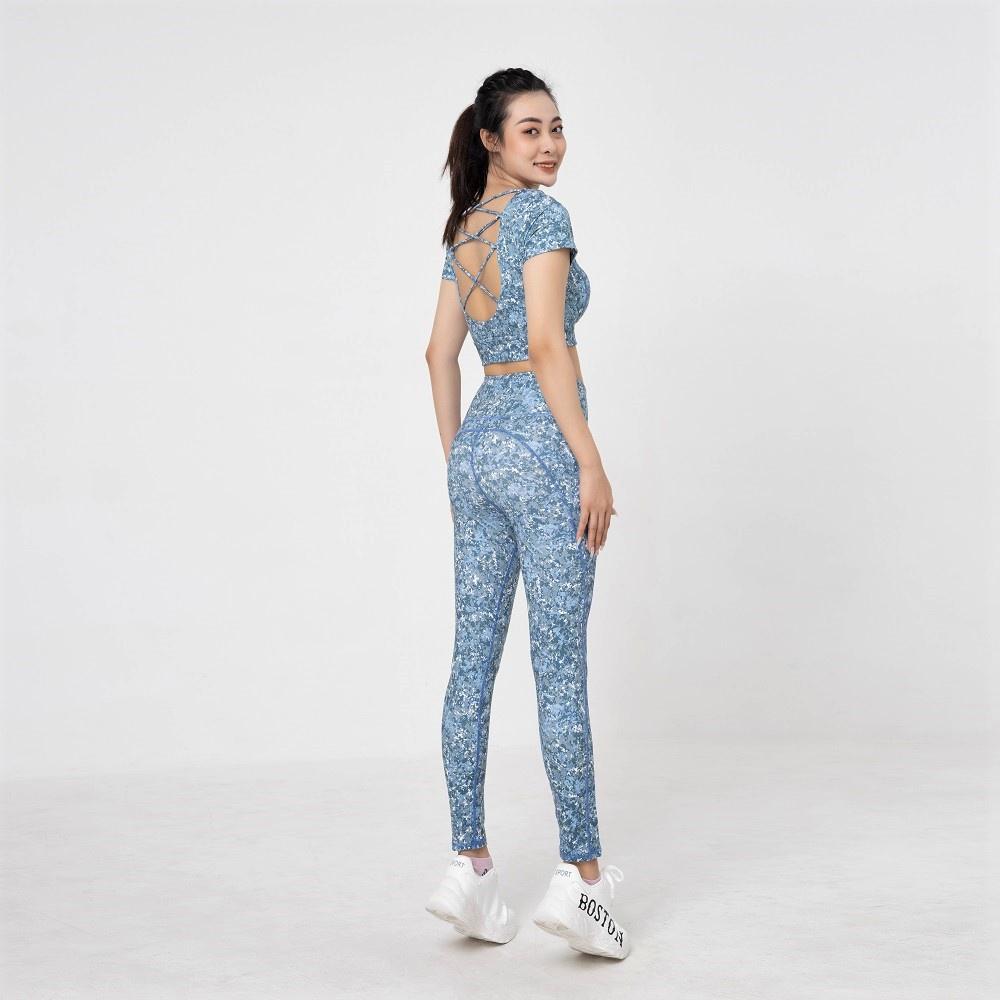 Set đồ tập thể thao gym, yoga nữ áo croptop đan dây phối quần legging nâng mông - S210501