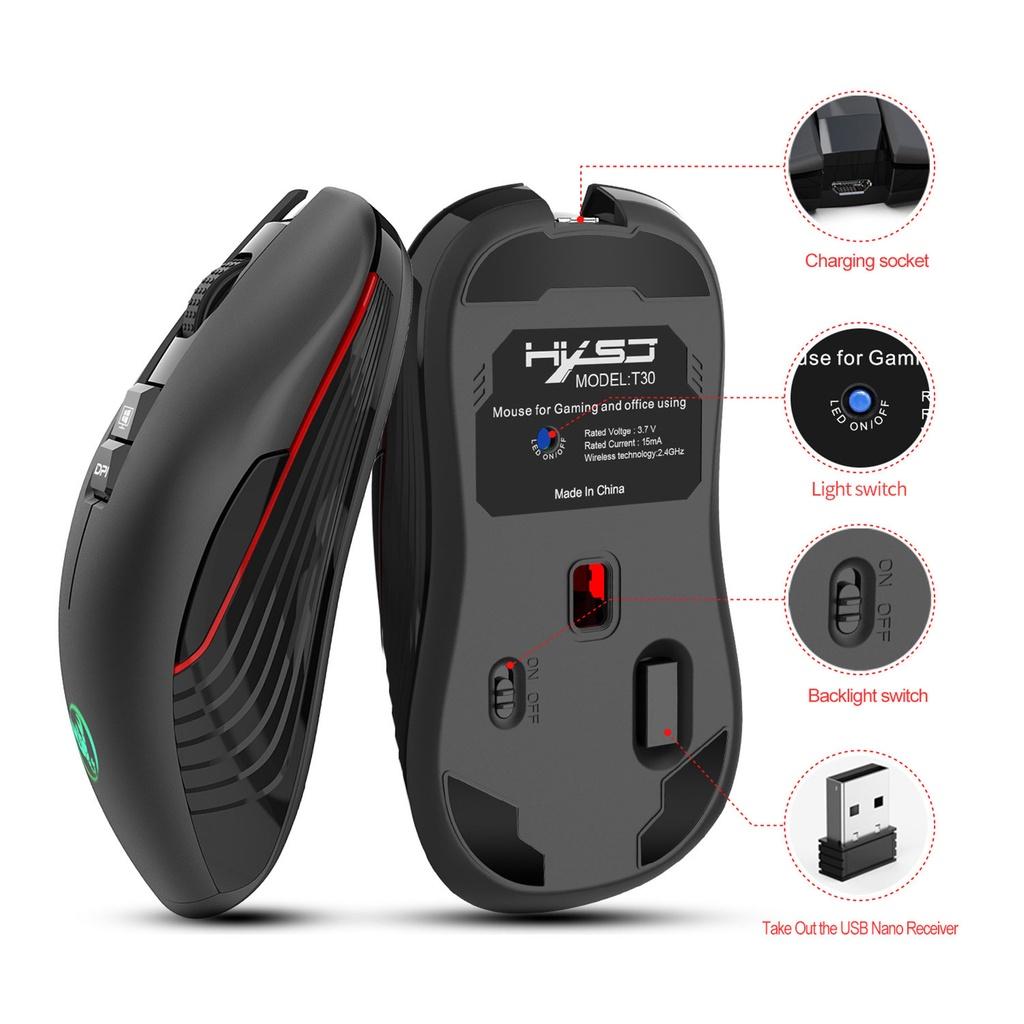 Chuột không dây chơi game HXSJ T30 Wireless 2.4GHz (USB & TYPE C) DPI 3600 cho laptop, văn phòng gaming- Hàng Chính Hãng