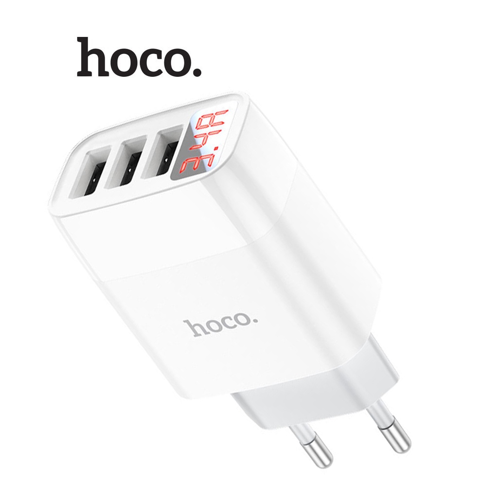 Củ Sạc 3.4A Dành Cho Hoco C93A Chân Tròn 3 Cổng USB, Màn Hình Led Hiển Thị Nguồn Điện, Chất Liệu PC, Chân Cắm US, Hà Hàng Chính Hãng