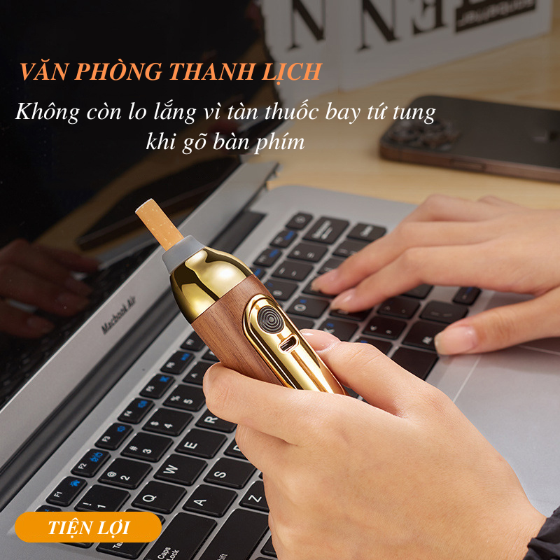 HÀNG XỊN_Tẩu Thuôc Di Động Kiêm Đánh Lửa &amp; Gạt Tàn 3 Trong 1 Tiện Dụng Chất Liệu Gỗ Cao Cấp Kèm Hộp Đựng Sang Trọng Tặng Kèm 3 Đầu Hút+Dây Sạc USB